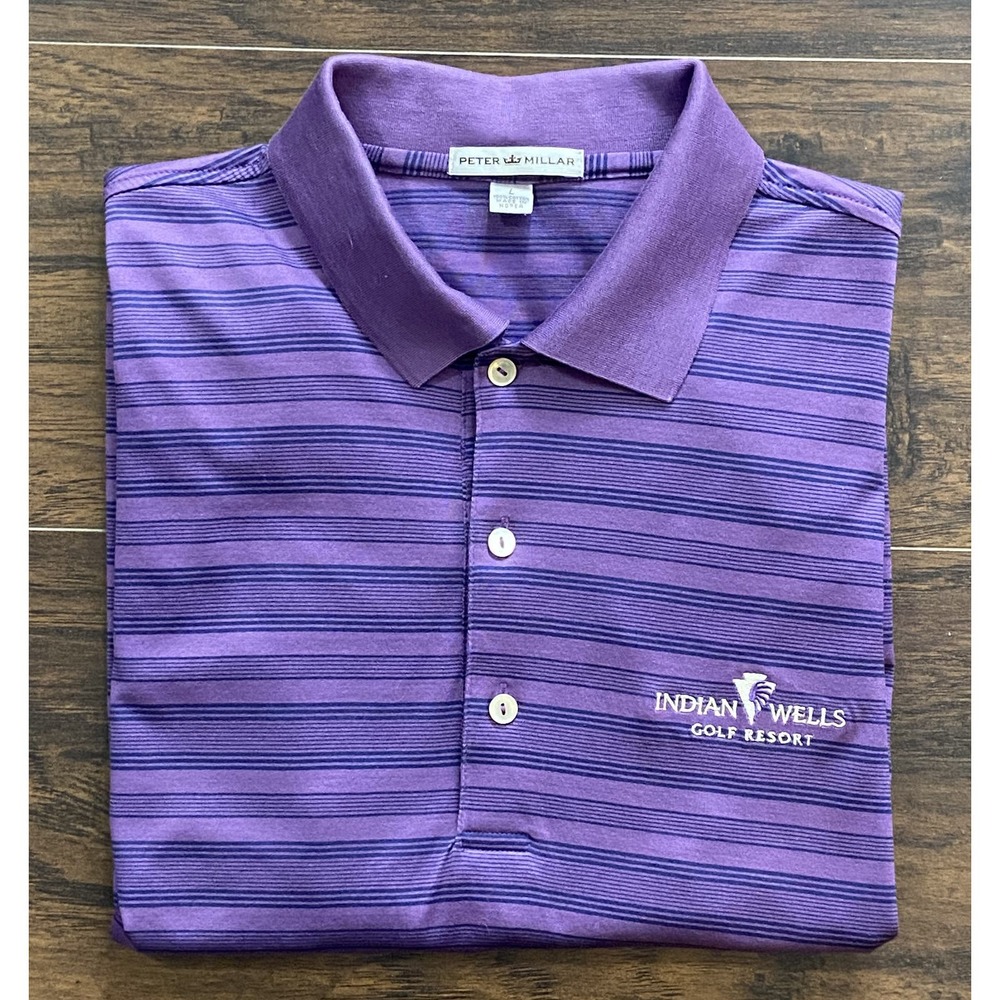 Peter Millar Men's Large Short Sleeve Polo Shirt Purple Stripe Indian Wells